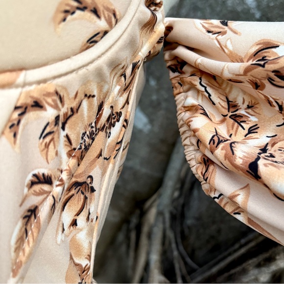 Brown Floral Corset Mini Dress Size M 8 Cold Shoulder Ruched Cocktail Party Zip - Picture 12 of 17